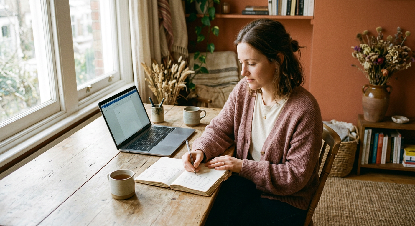 Une mère assise à sa table, carnet ouvert à côté de son ordinateur portable