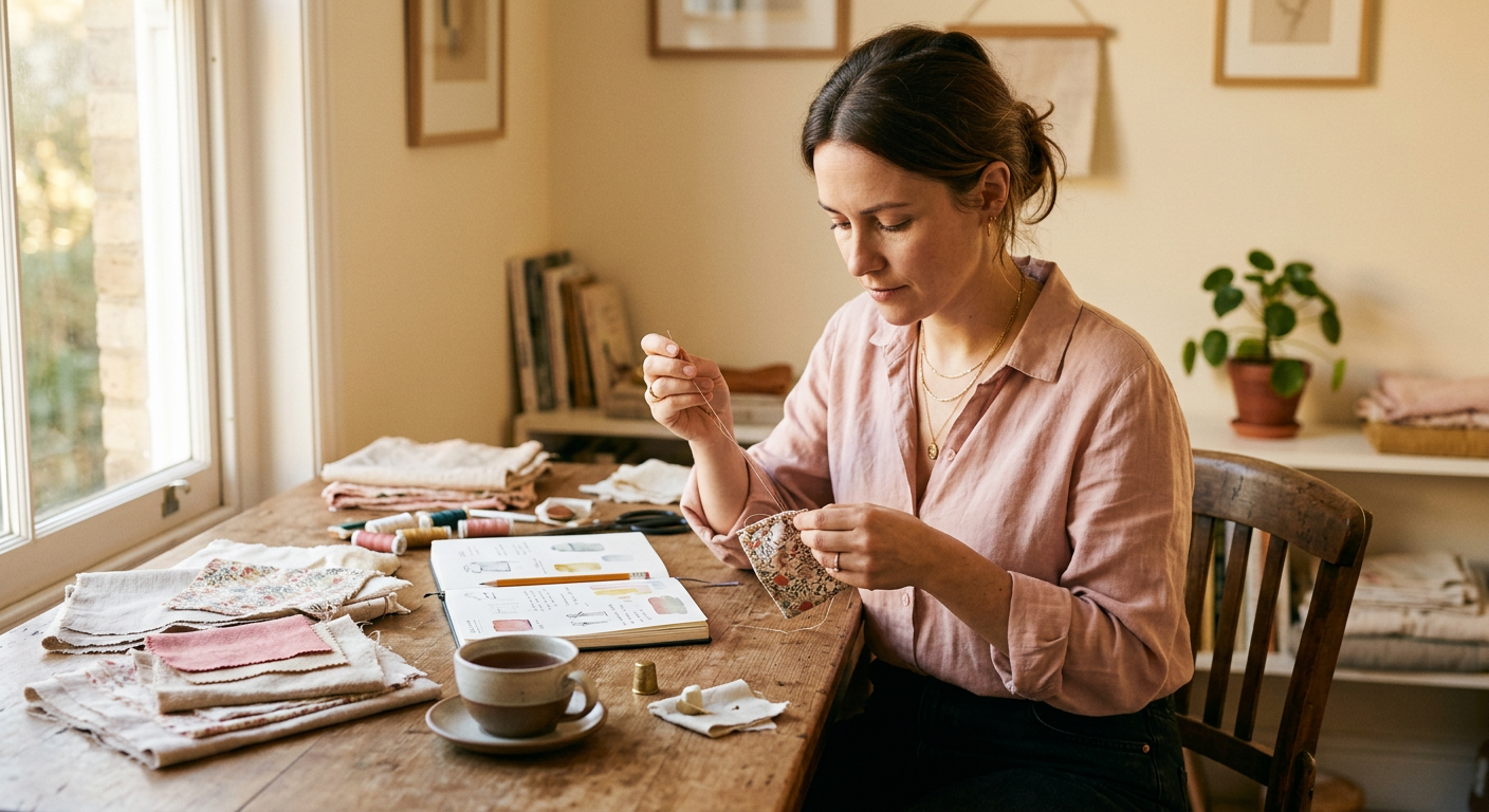 Une femme travaillant sur un projet créatif, échantillons de tissu et carnet de croquis sur la table